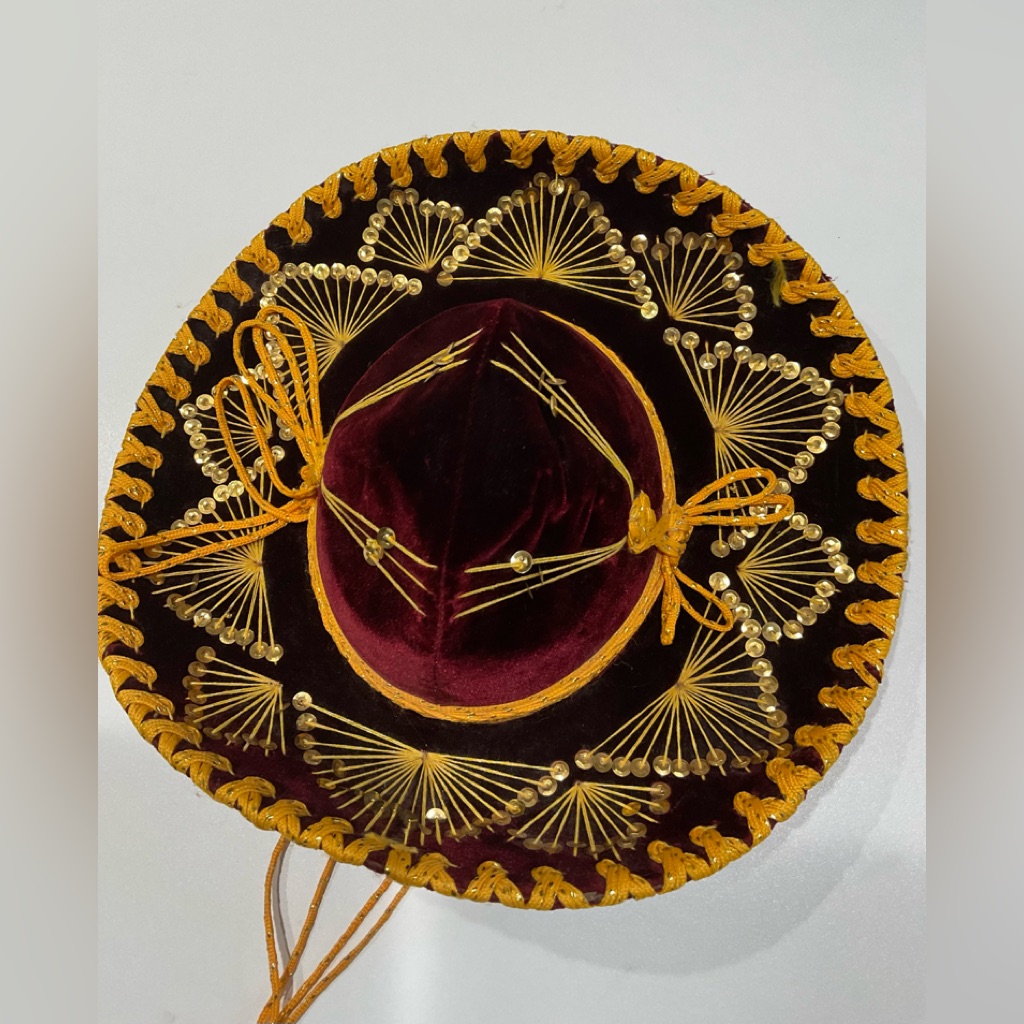 Authentic Pigalle Xxxxx Burgundy/Gold Medium Size Mexican Sombrero, 15” Diam